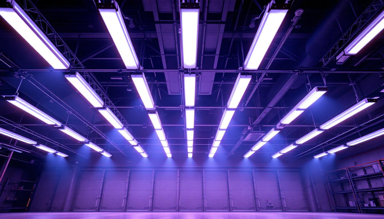 A photograph of a large-scale lighting installation featuring t5 bulbs in an industrial or commercial setting