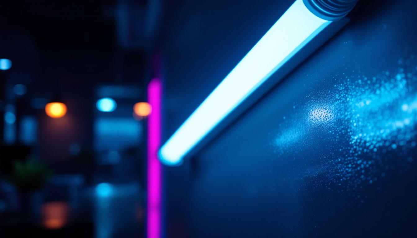 A photograph of a t5 fluorescent bulb illuminated in a modern