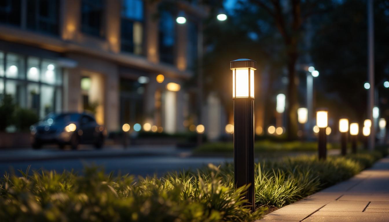 A photograph of a well-lit outdoor scene featuring a variety of bollard fixtures in use