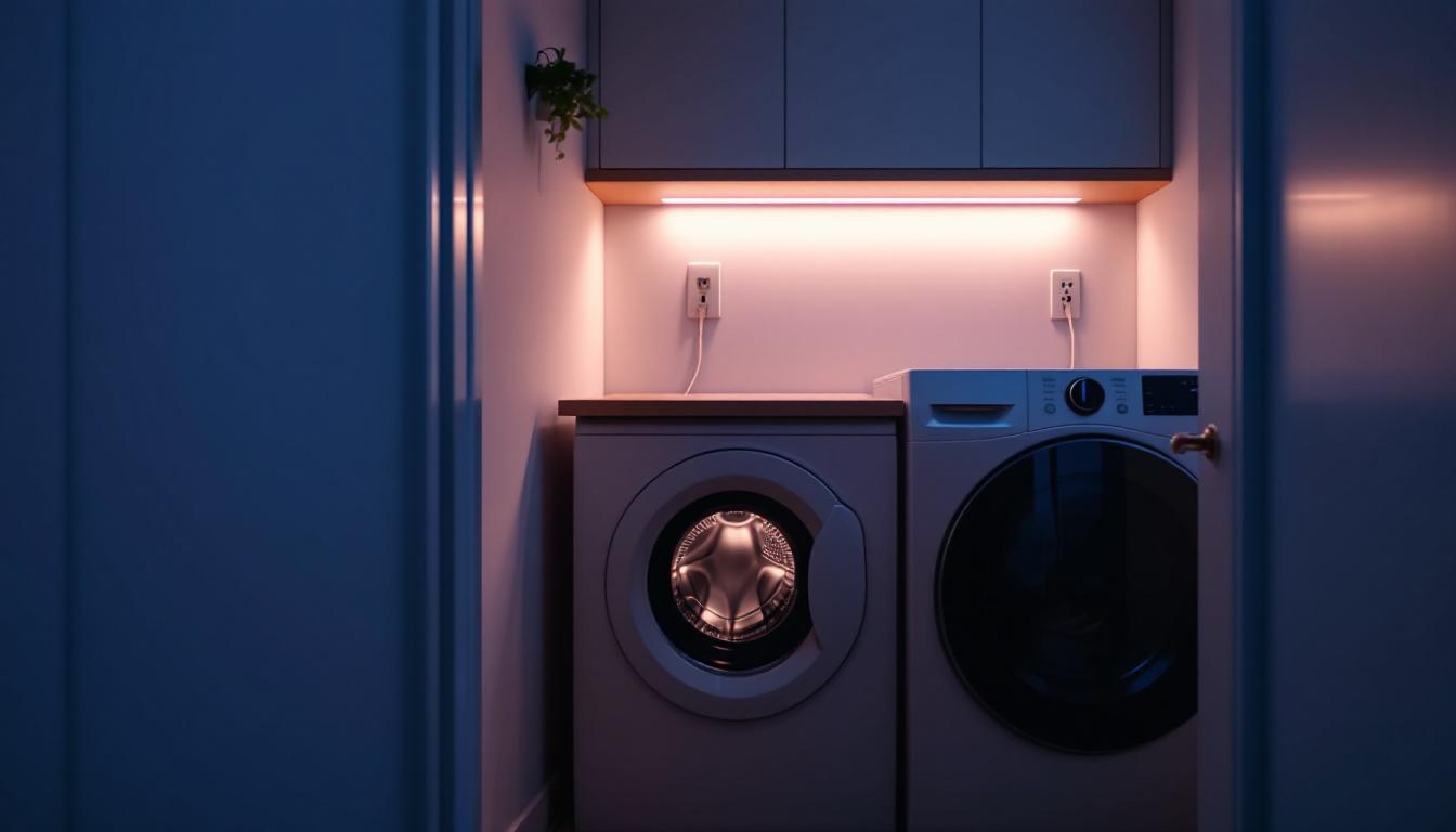 A photograph of a modern laundry room featuring a well-lit washer and dryer setup