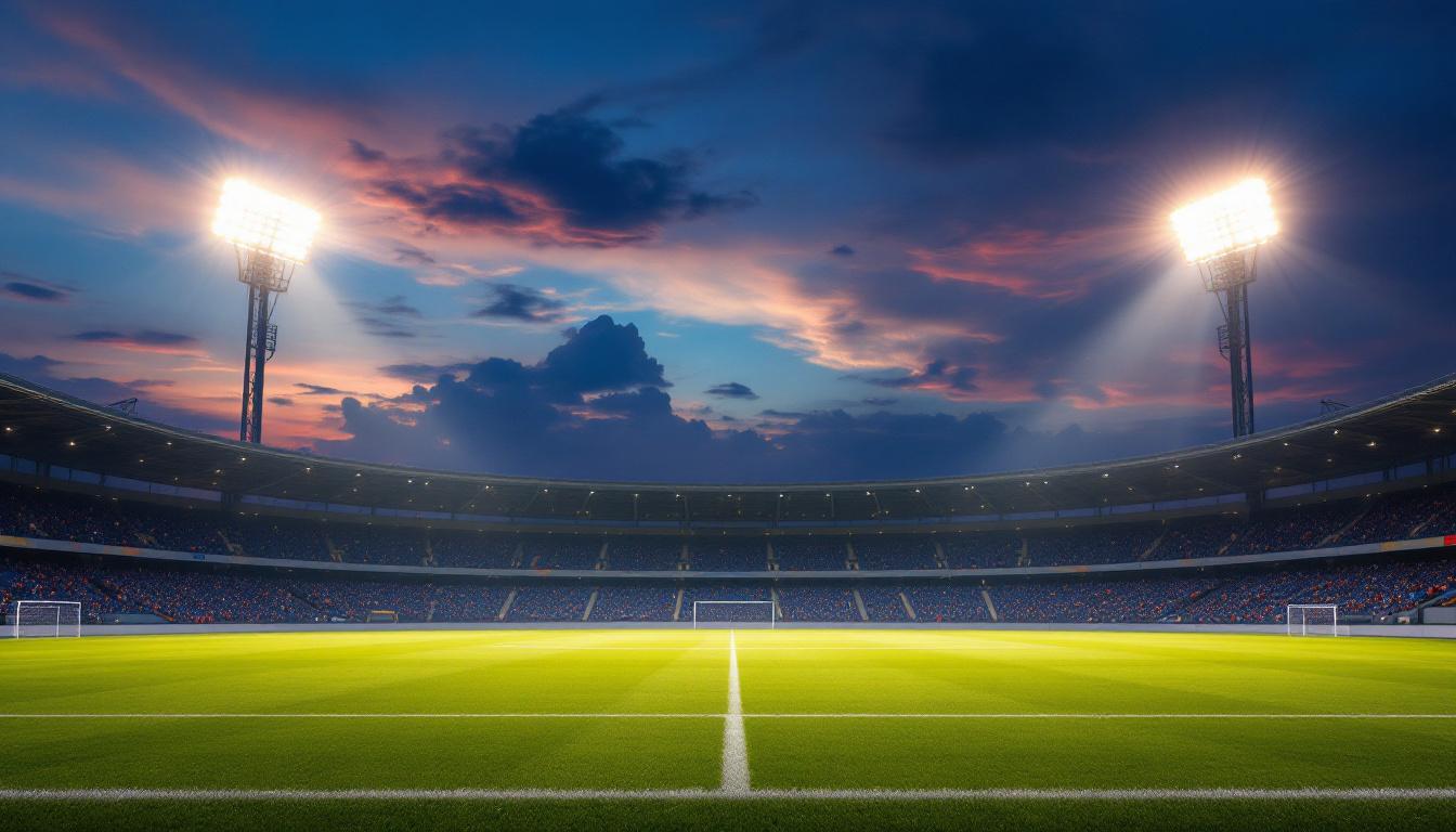 A photograph of a well-lit sports field at dusk