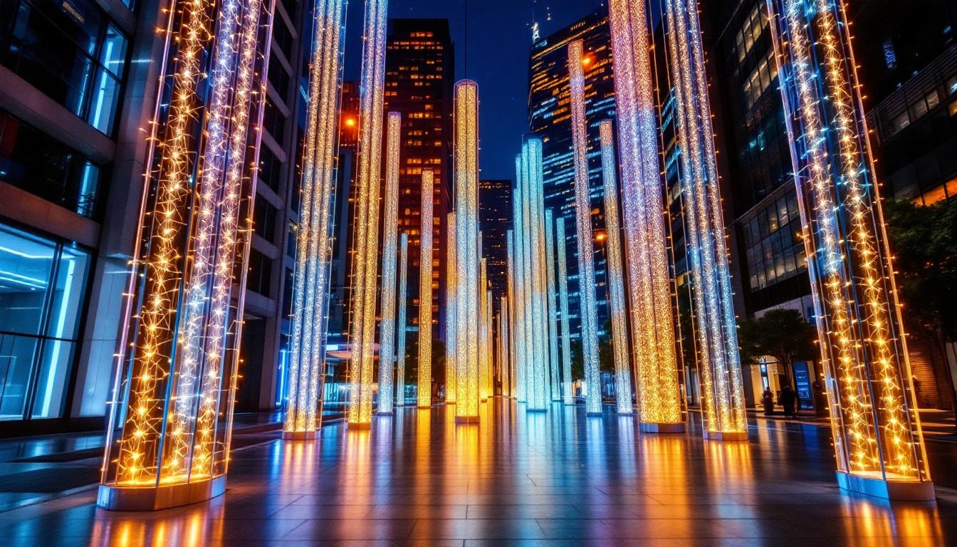 A photograph of a futuristic lighting installation that showcases innovative designs and technology