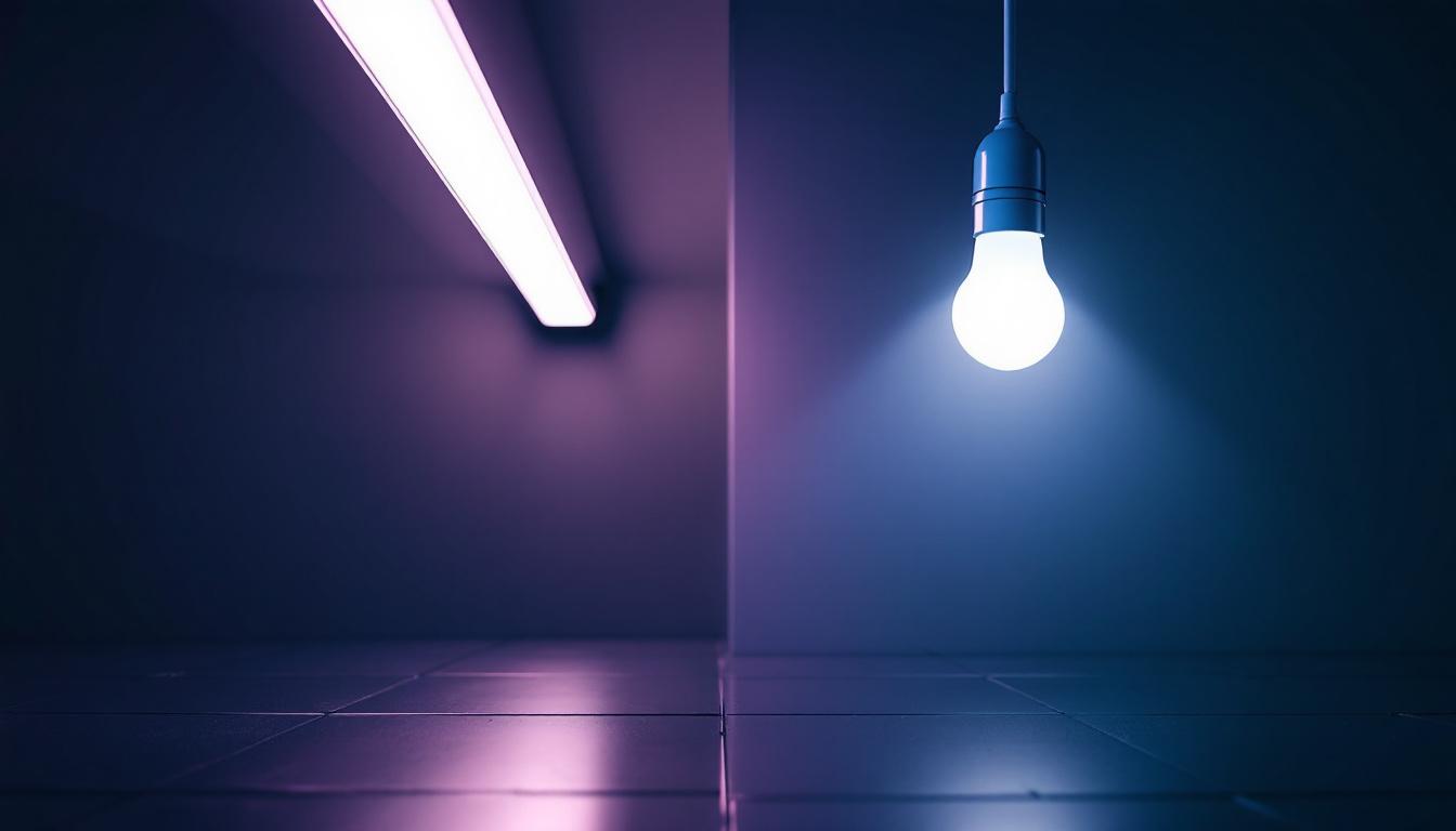A photograph of a side-by-side comparison of a fluorescent tube and an led bulb installation in a well-lit space