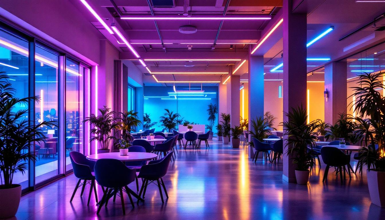 A photograph of a modern workspace or commercial environment illuminated by vibrant led t5 lights