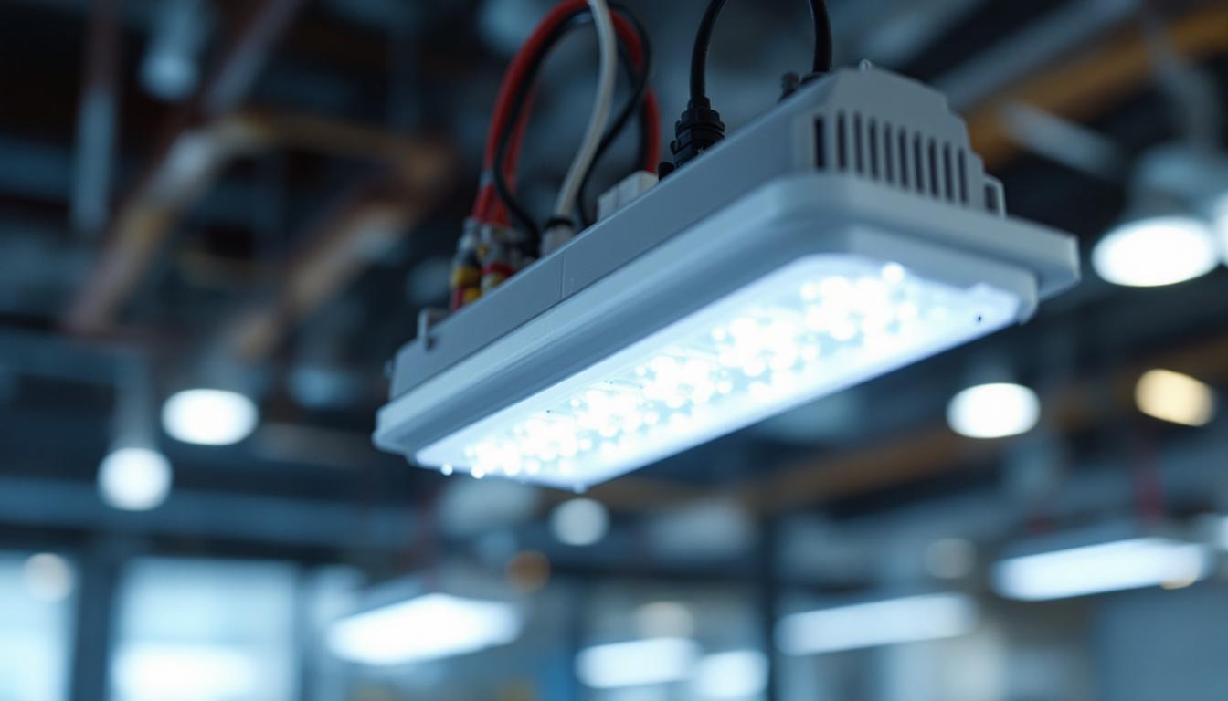 A photograph of a close-up of a ballast led light installation in a commercial or industrial setting