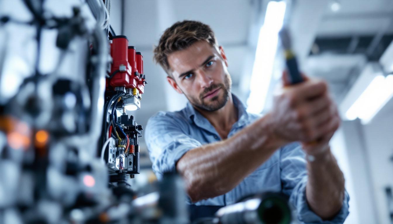 A photograph of a skilled electrical engineer working intently on installing a magnetic led retrofit kit