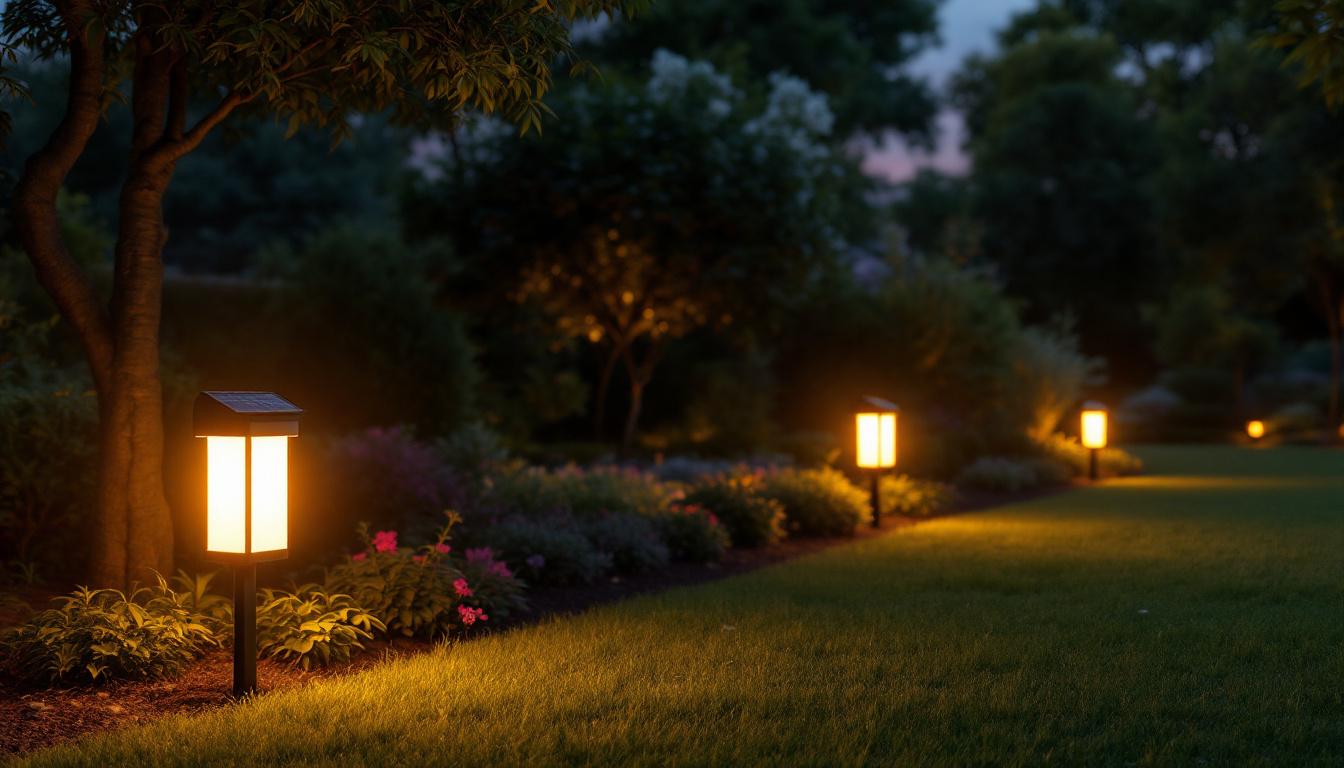 A photograph of a beautifully landscaped garden illuminated by large solar-powered lights at dusk