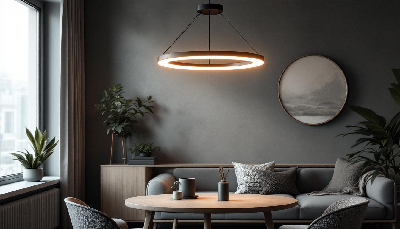 A photograph of a sleek and modern circular pendant light fixture in a stylish interior setting