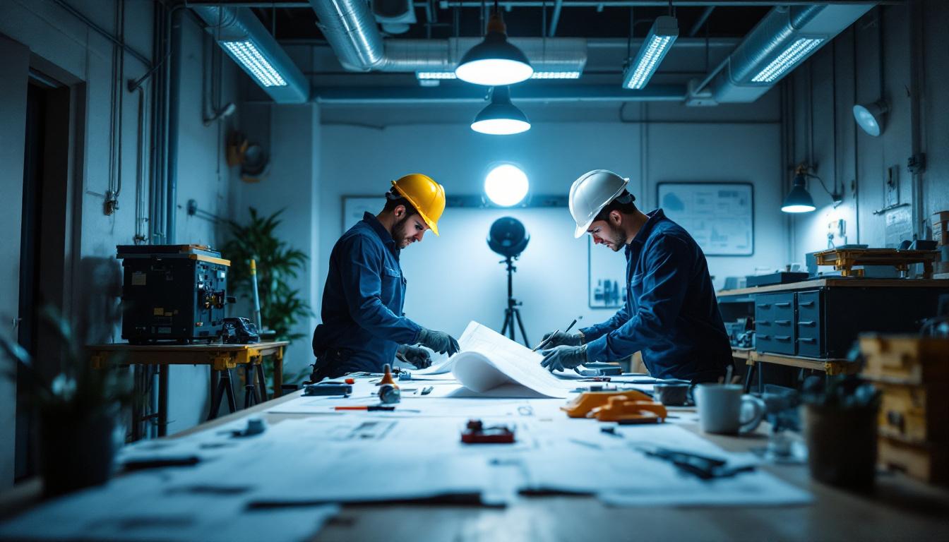 A photograph of a well-lit workspace where electrical engineers are collaborating on a lighting project
