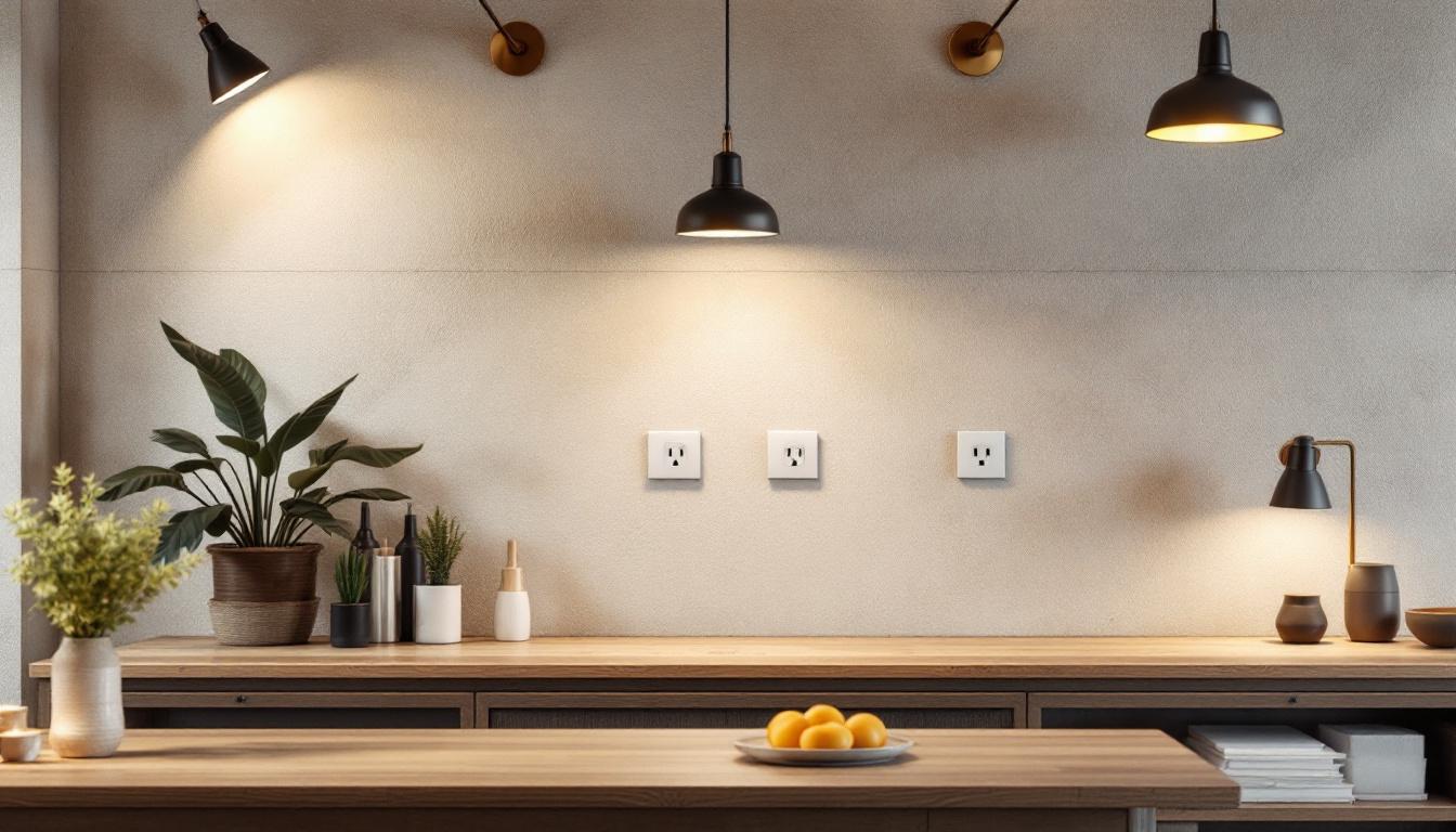 A photograph of a well-designed retail space showcasing various lighting fixtures and outlet placements