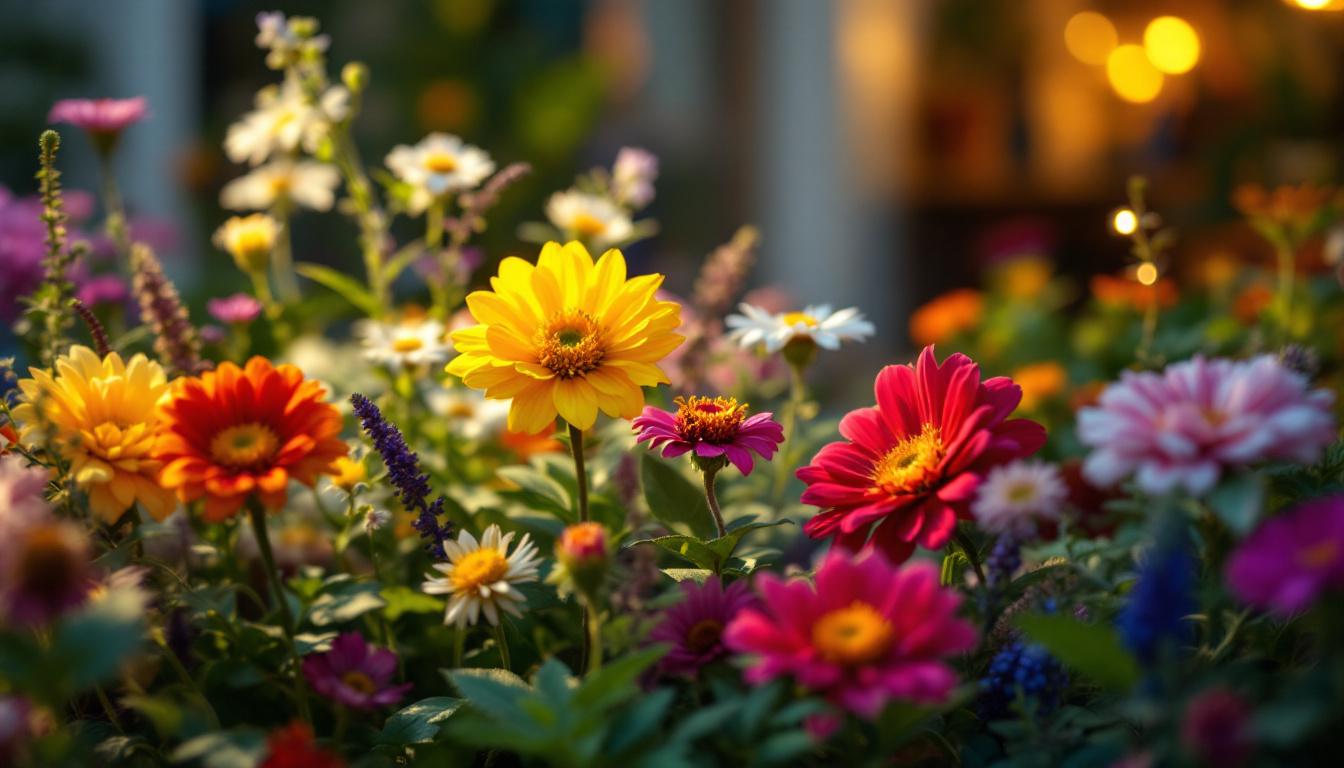 A photograph of a beautifully arranged indoor or outdoor scene featuring a variety of vibrant flowers illuminated by soft