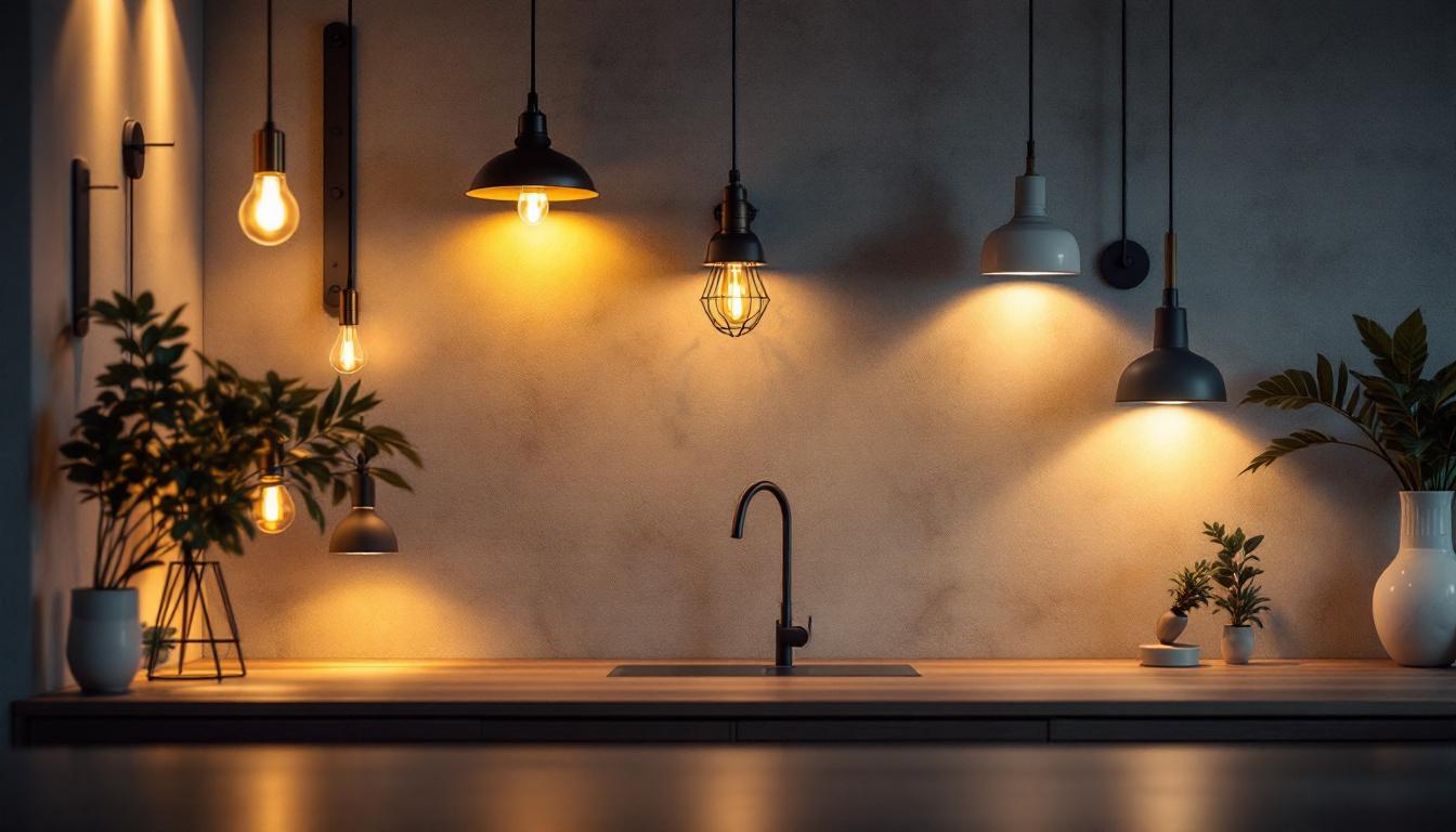 A photograph of a well-lit interior space showcasing various lighting fixtures