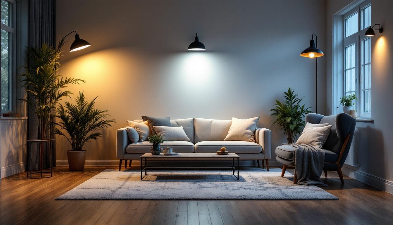 A photograph of a well-lit room showcasing various lighting systems