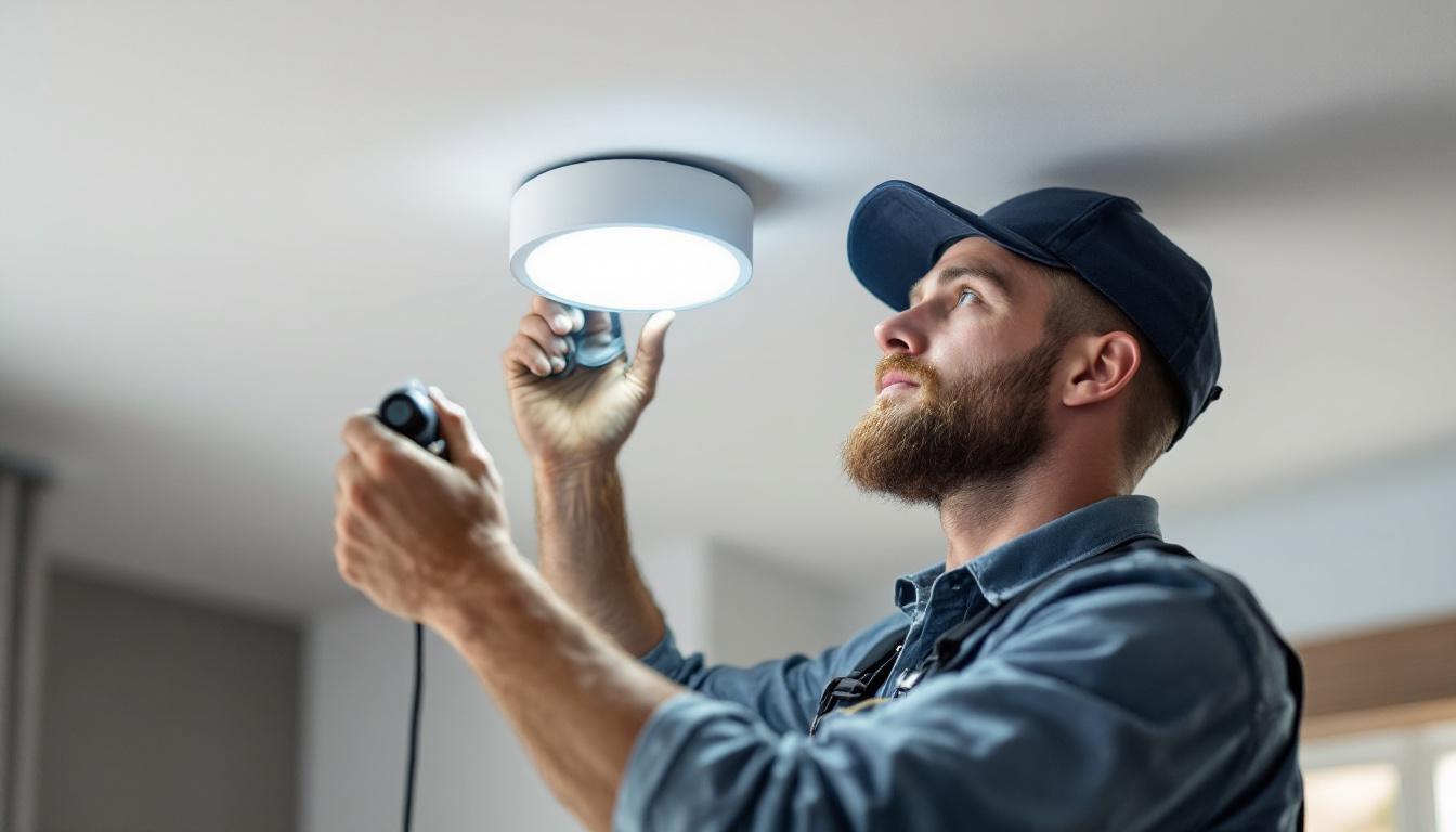 A photograph of a skilled electrical engineer installing an 8-inch can light retrofit in a modern ceiling