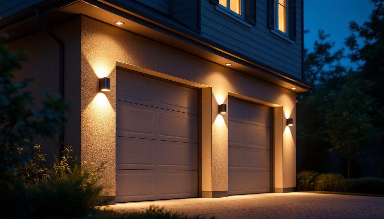 A photograph of a well-lit garage exterior showcasing stylish and functional wall lights