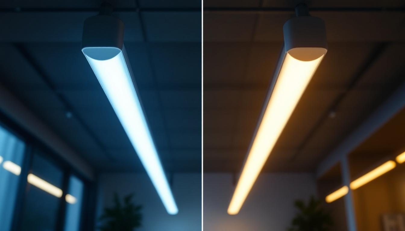 A photograph of a side-by-side comparison of t5 and t8 led tubes installed in a modern lighting fixture