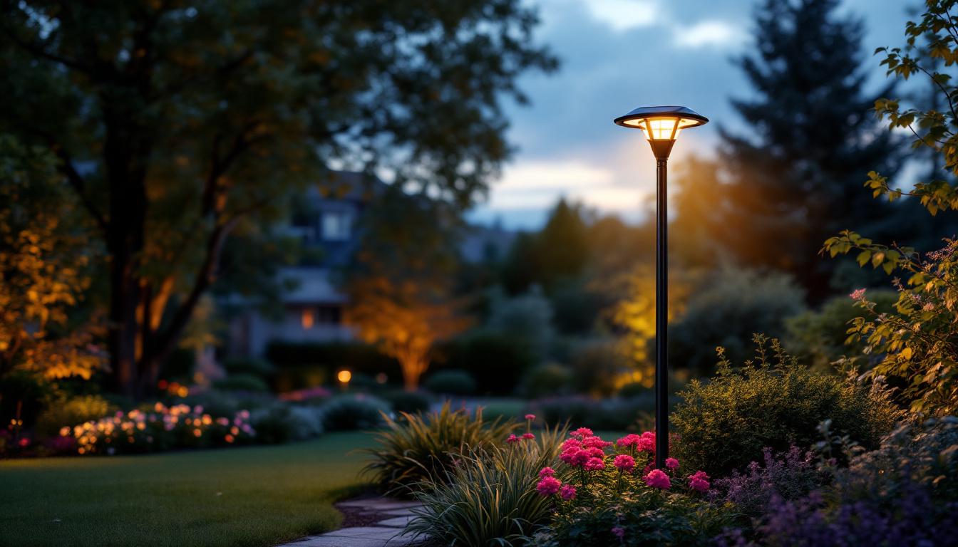 A photograph of a large solar post light installed in a beautifully landscaped garden at dusk