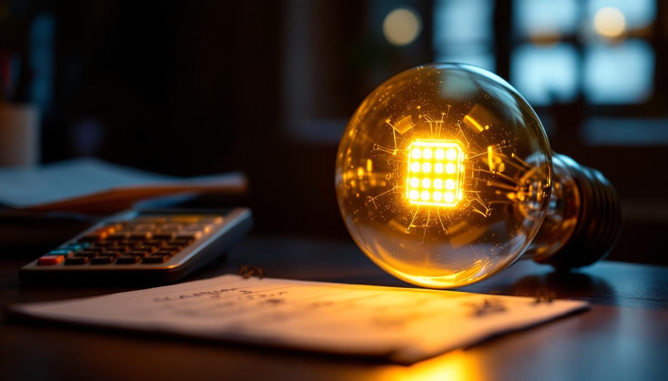 A photograph of a close-up of a cob led light bulb illuminated in a dark setting