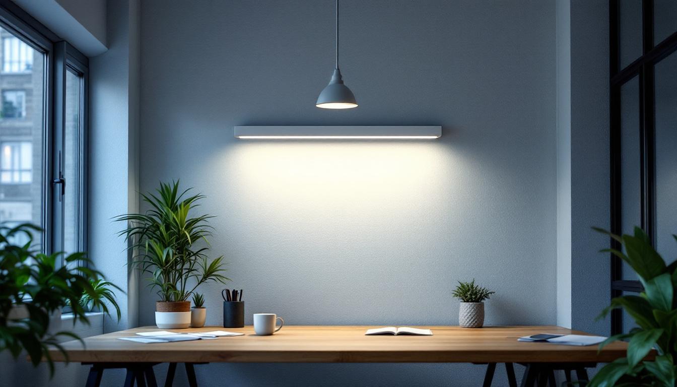 A photograph of a well-lit workspace featuring a 4ft t8 fluorescent light fixture in use