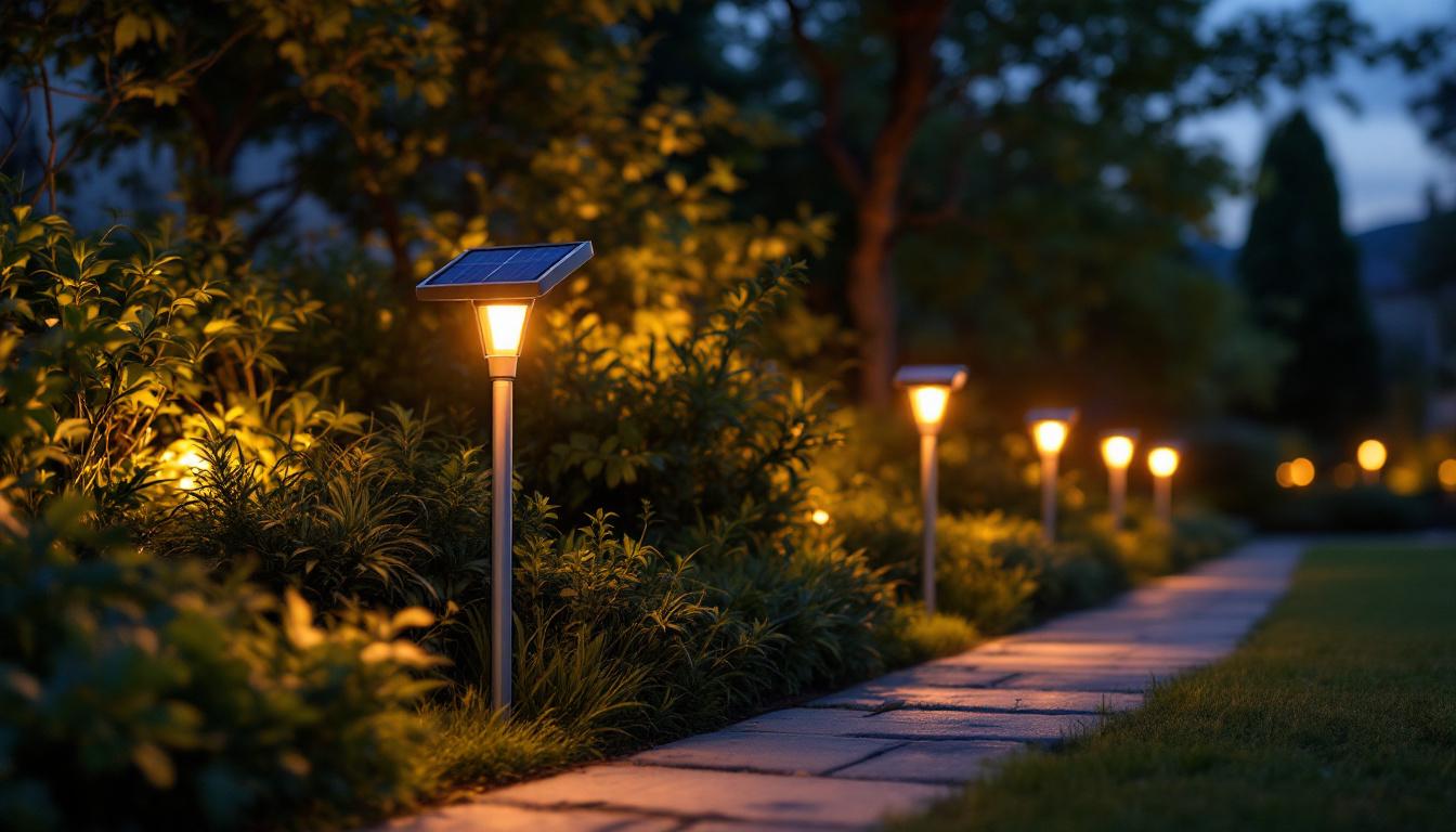 A photograph of a beautifully illuminated outdoor landscape featuring led solar landscape lights at dusk