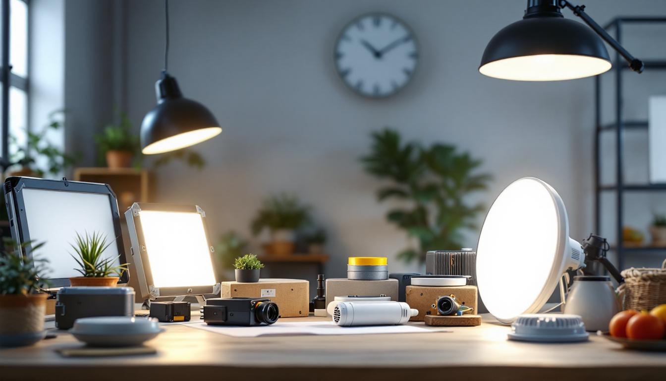 A photograph of a well-lit workspace featuring various types of lighting ballasts alongside different light fixtures