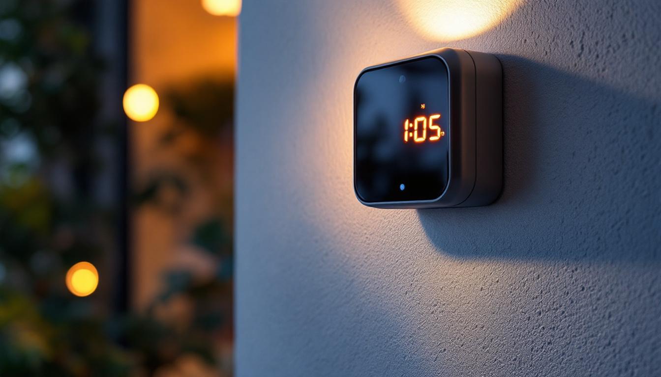 A photograph of a motion sensor device installed in a well-lit environment