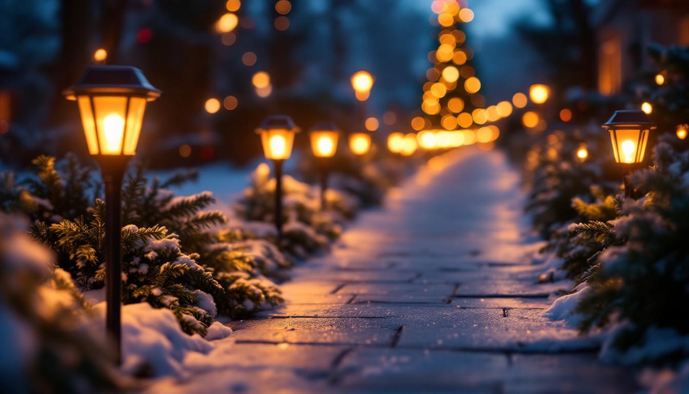 A photograph of a beautifully lit outdoor pathway adorned with solar pathway lights