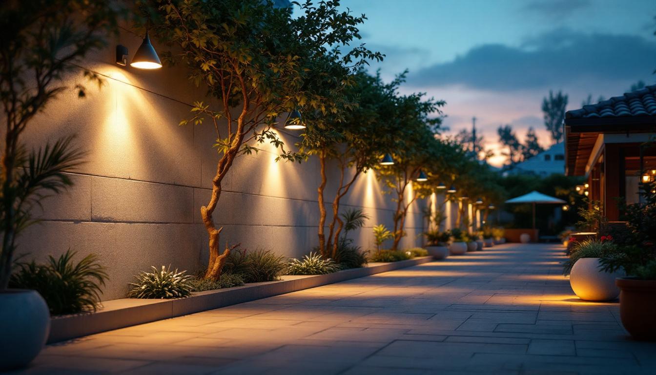 A photograph of a well-lit outdoor space featuring various styles of halogen lights in use
