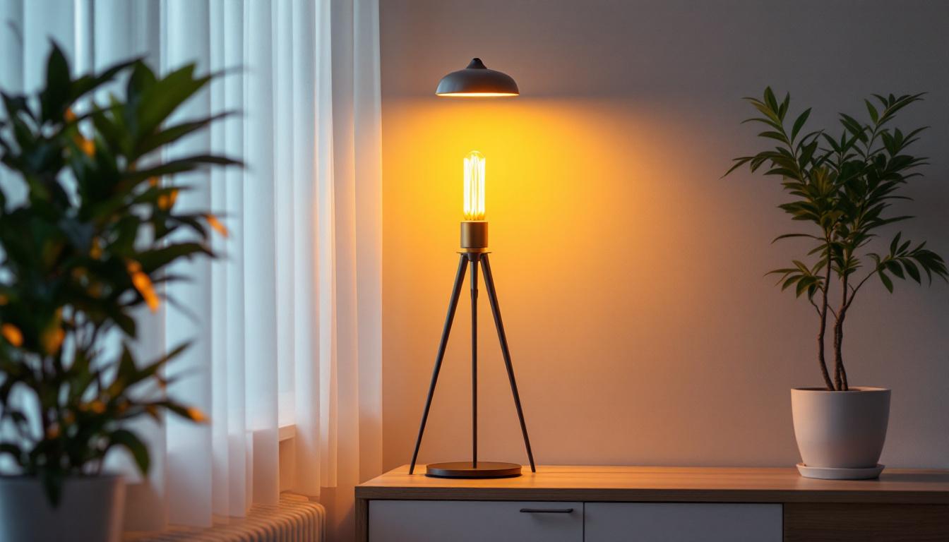 A photograph of a stylish halogen lamp stand in a well-lit room