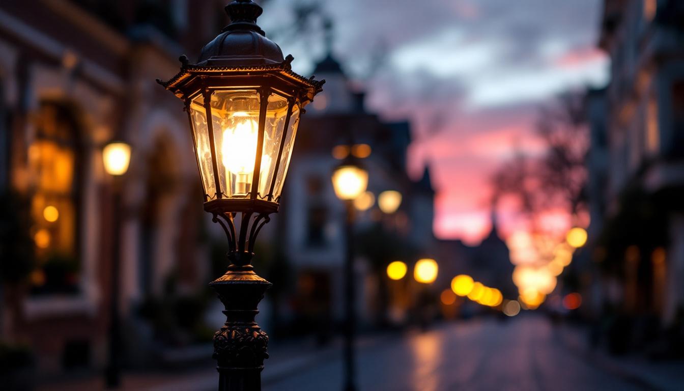 A photograph of a vintage gas street lamp illuminated at dusk