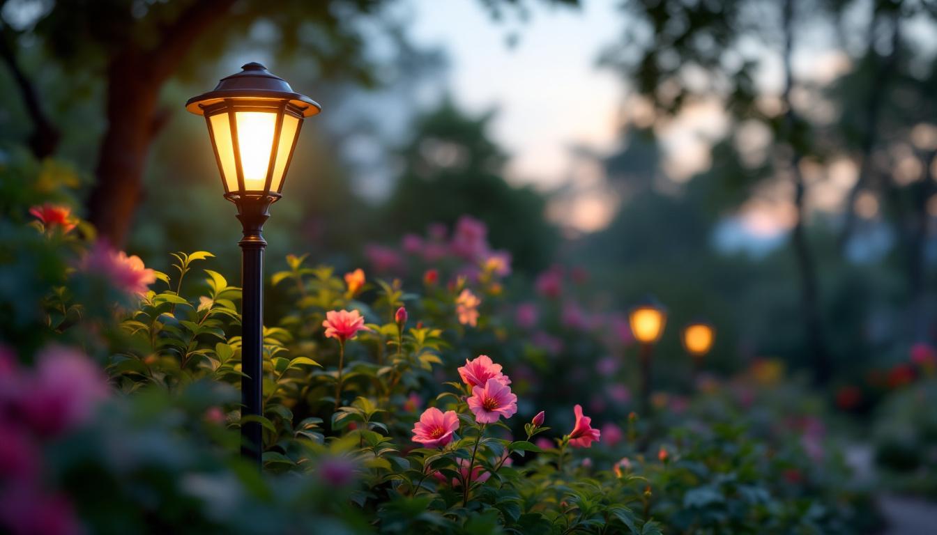 A photograph of a beautifully illuminated garden scene featuring an elegant solar lamp post surrounded by lush greenery and blooming flowers