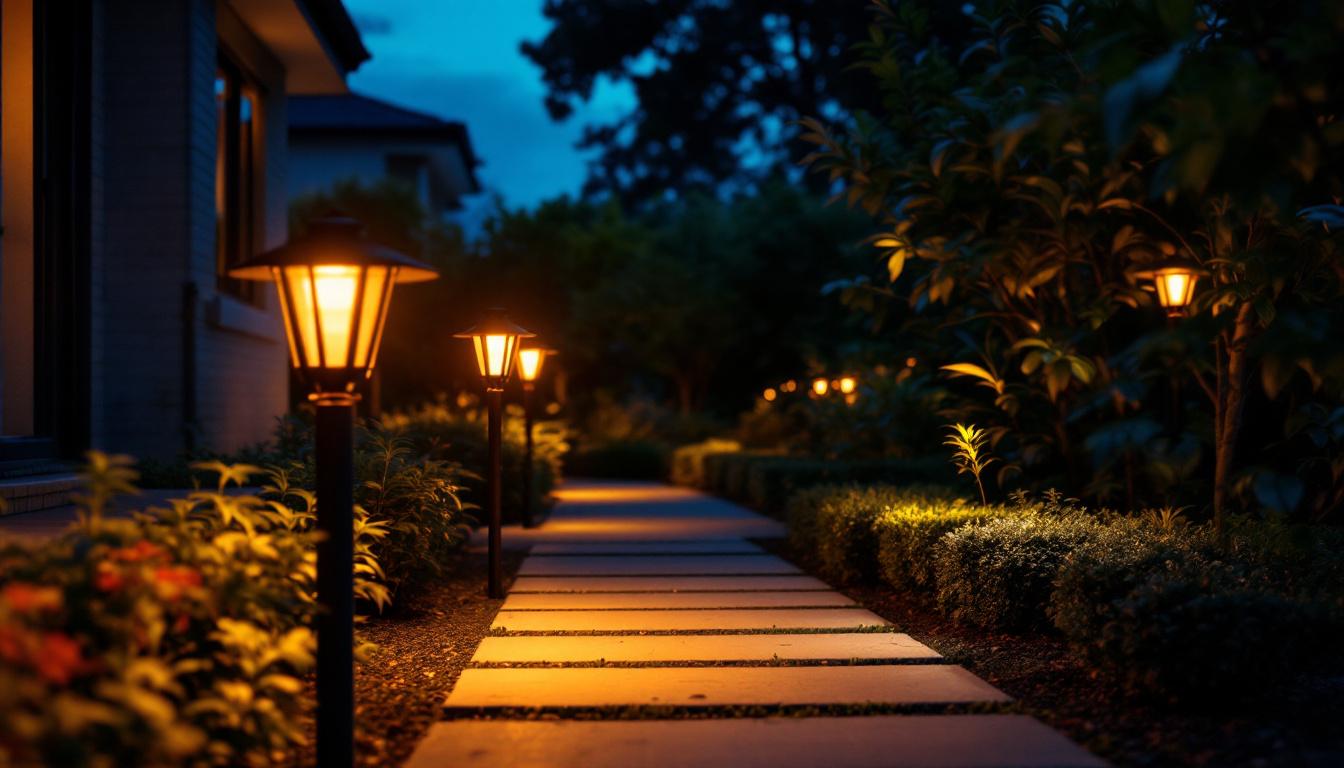 A photograph of a well-lit outdoor space featuring dusk-to-dawn security lights illuminating a pathway or garden