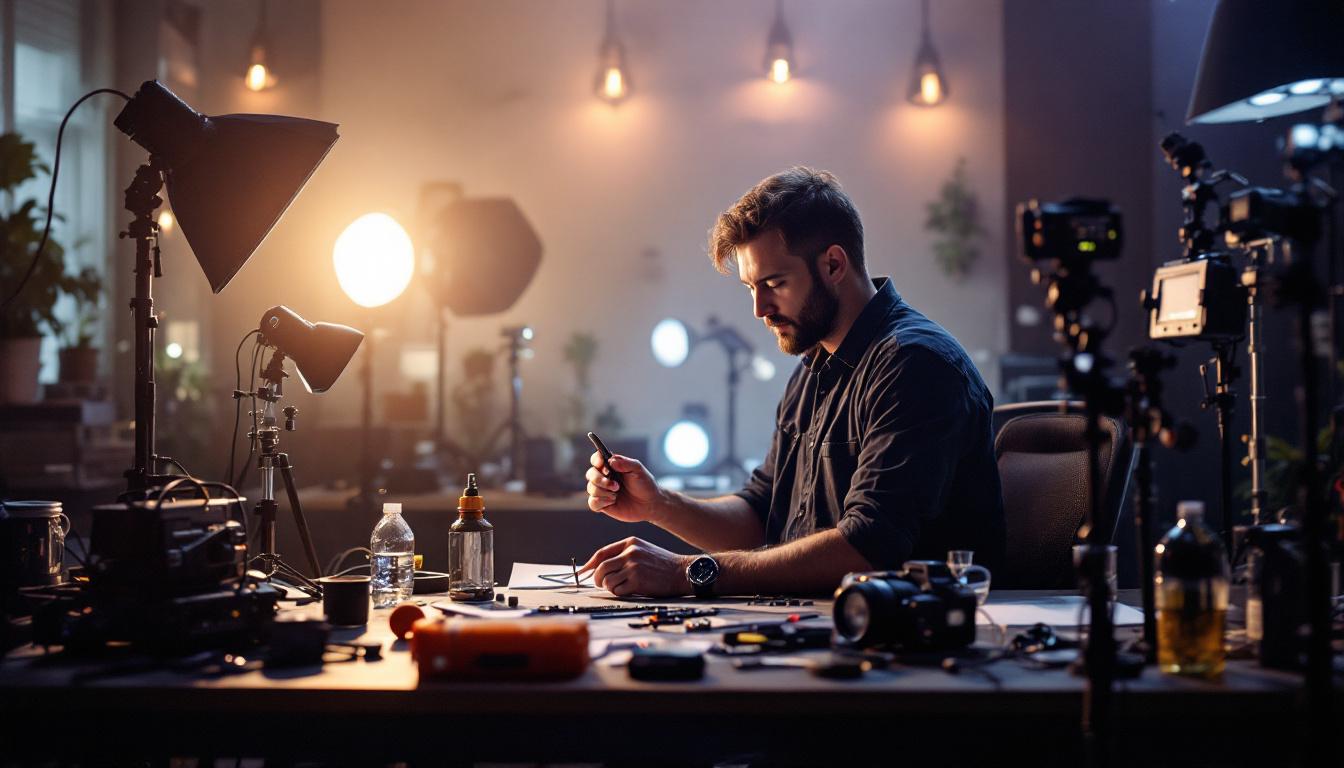 A photograph of a lighting engineer at work