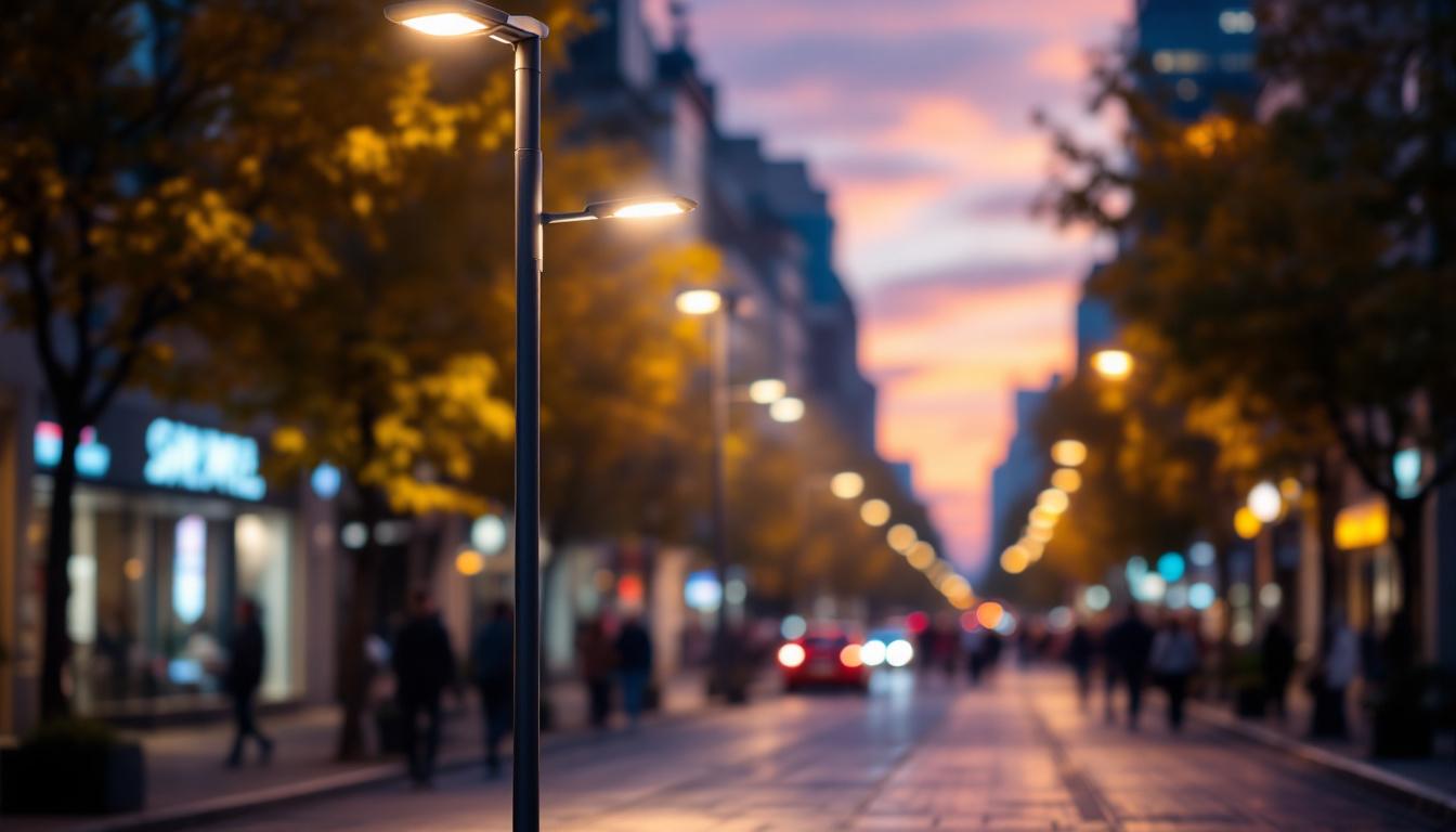 A photograph of a modern commercial outdoor street light illuminating a bustling urban street at dusk