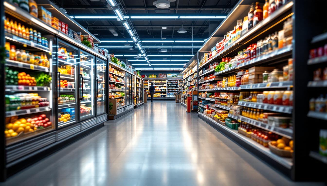 A photograph of a well-lit grocery store aisle showcasing a variety of products
