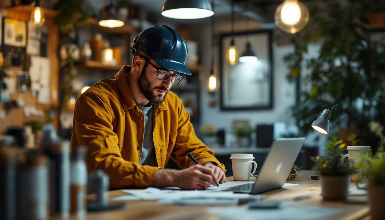 A photograph of a well-organized workspace featuring an electrical engineer analyzing various lighting products