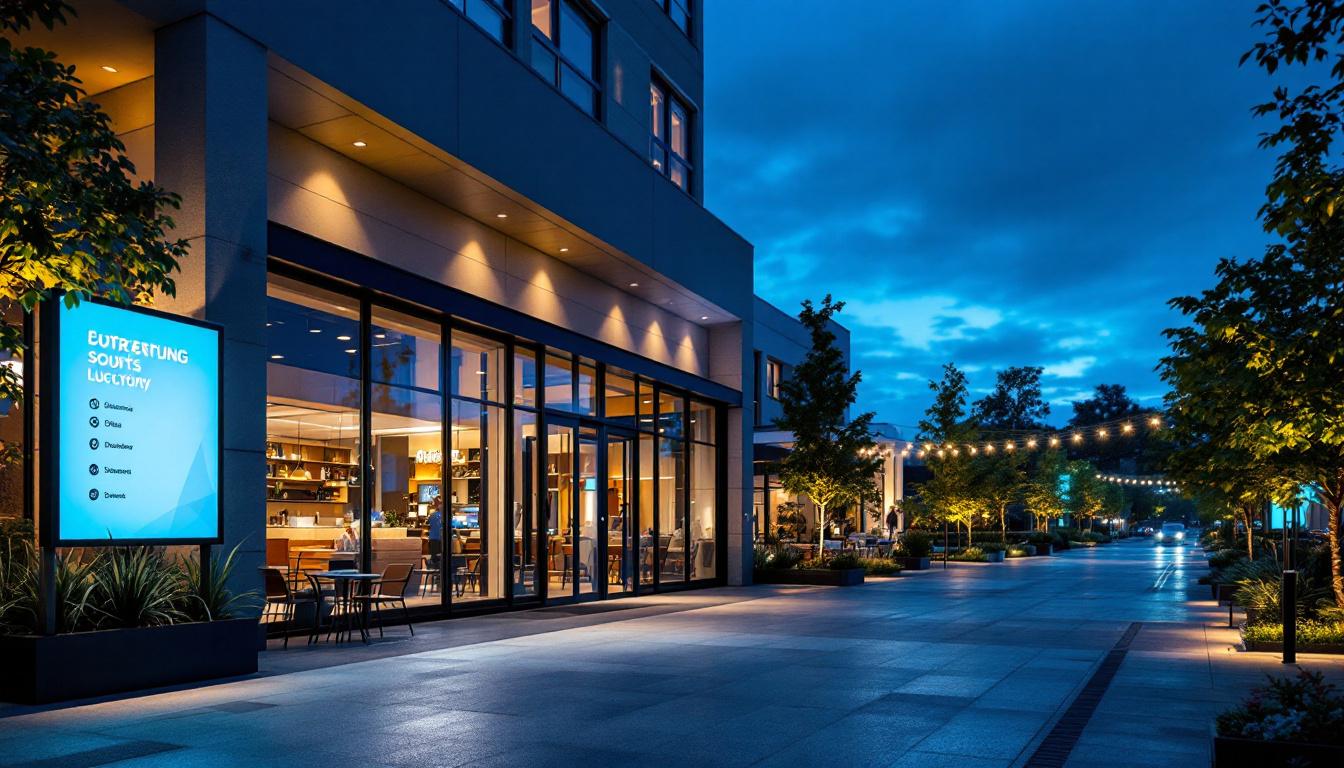 A photograph of a vibrant commercial outdoor space illuminated by led lighting at dusk