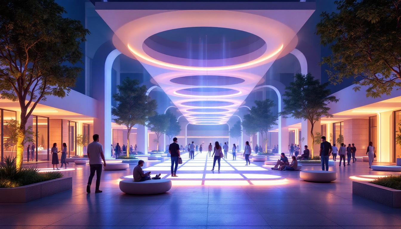 A photograph of a beautifully lit outdoor space featuring a variety of lighting installations