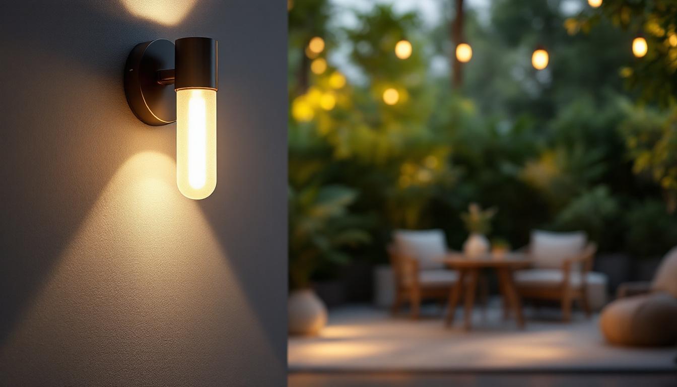 A photograph of a beautifully designed outdoor wall mount light installed in a stylish outdoor setting