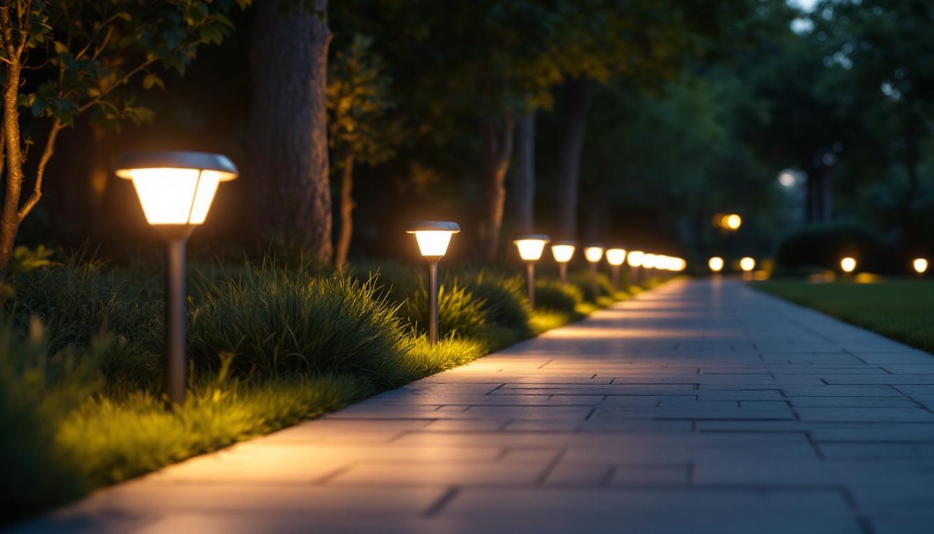 A photograph of a well-lit outdoor space showcasing various solar flood lights in action