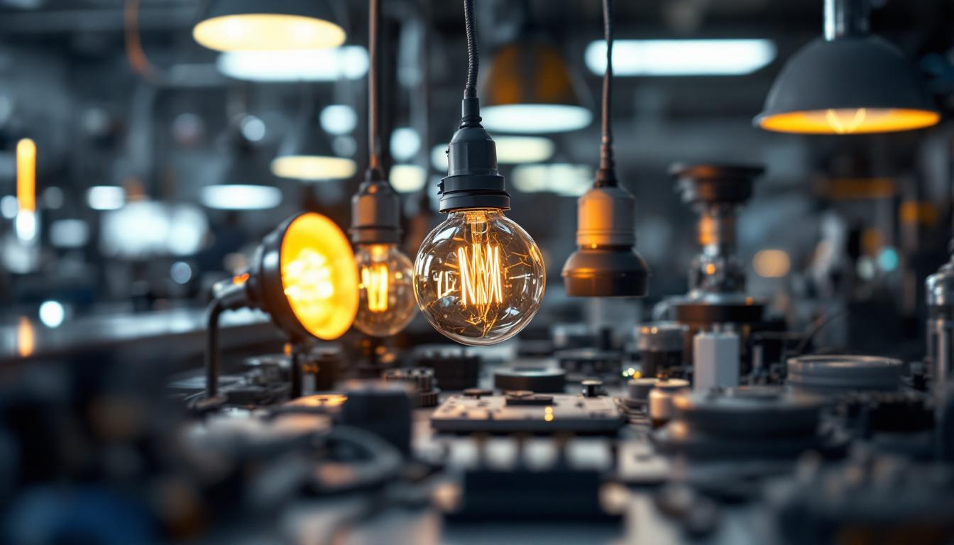 A photograph of a close-up shot of various led light fixtures in an electrical engineering lab setting