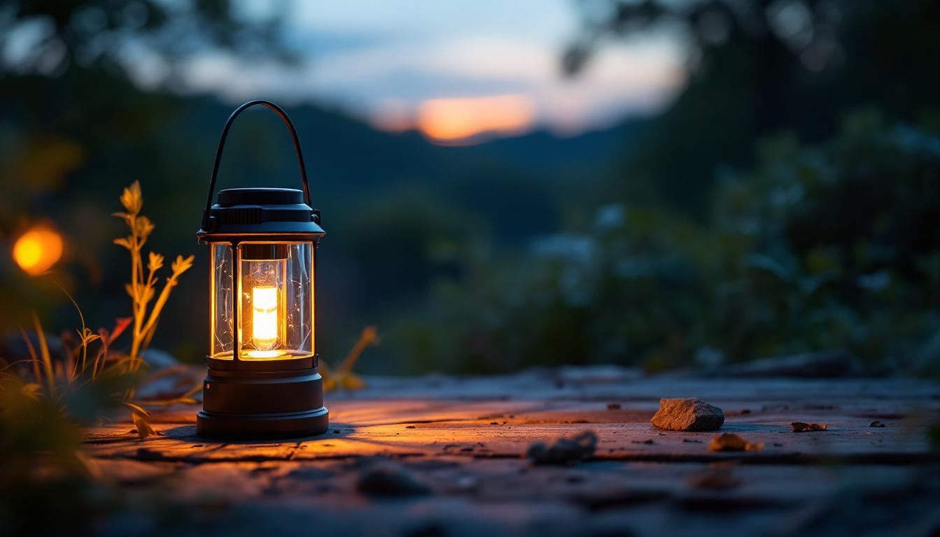 A photograph of a solar waterproof lantern illuminating a serene outdoor setting at dusk