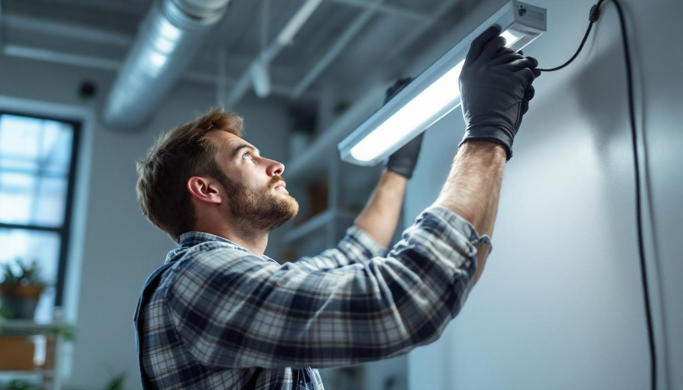 A photograph of a skilled engineer installing a fluorescent light fixture in a modern workspace