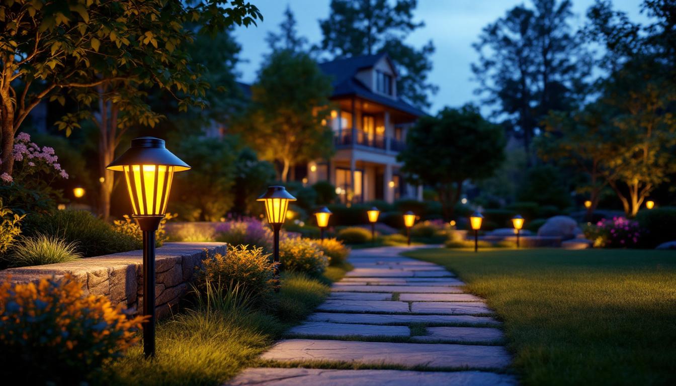 A photograph of a beautifully illuminated outdoor landscape featuring a variety of solar landscape lights in action at dusk