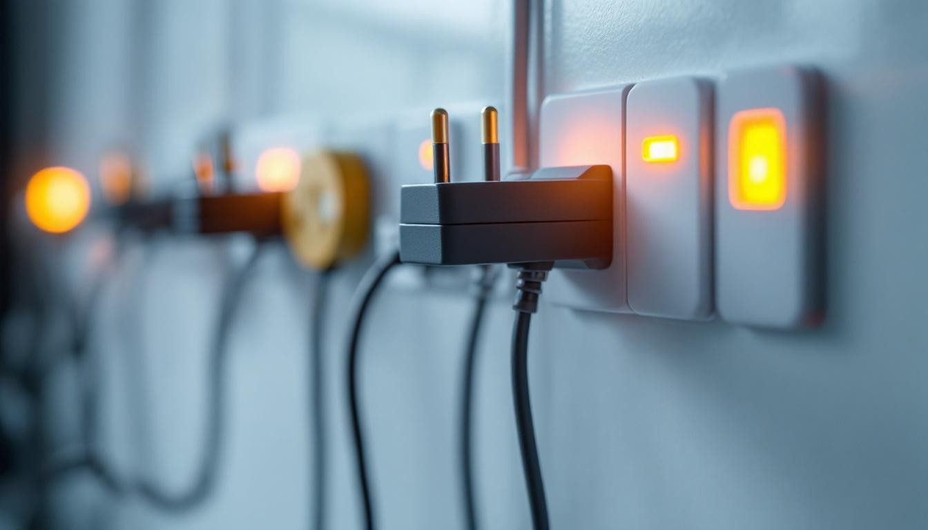 A photograph of a close-up shot of various electrical plugs and switches