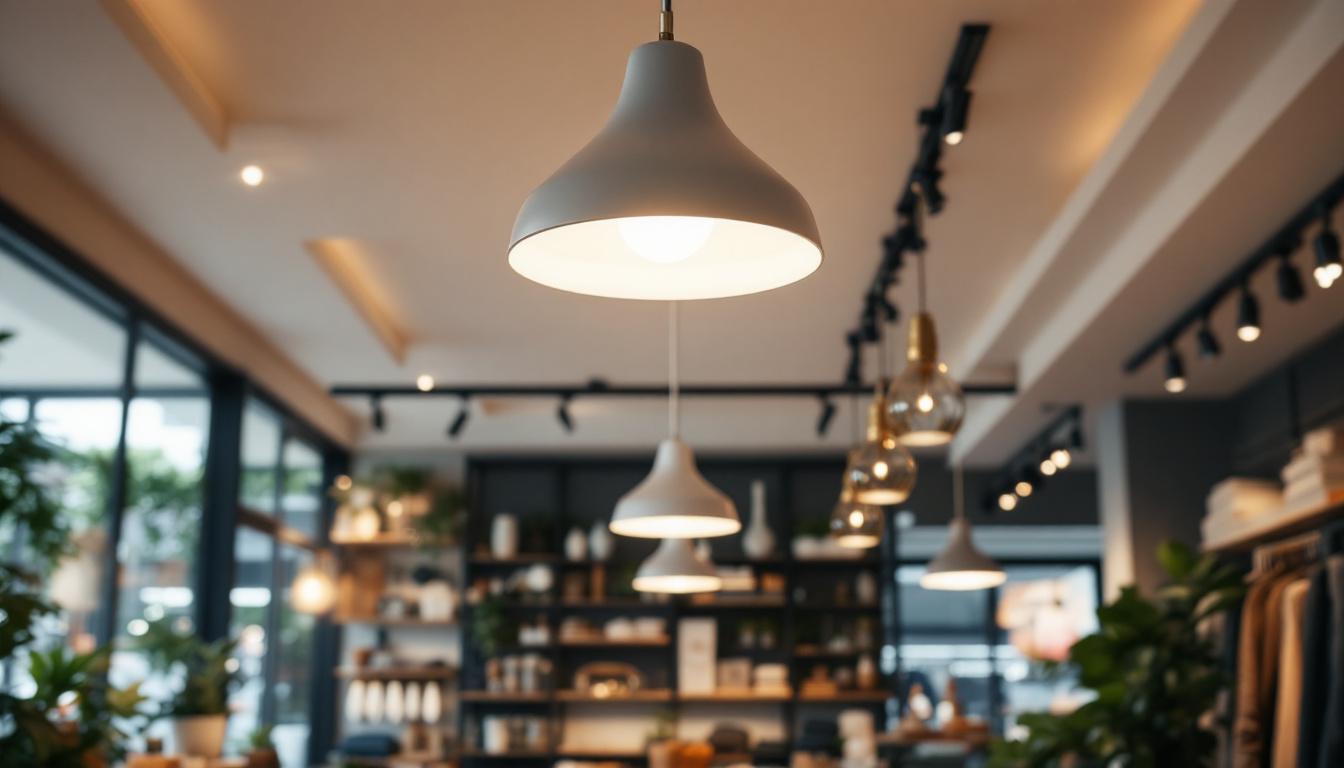 A photograph of a well-designed shop ceiling light installation in a modern retail environment