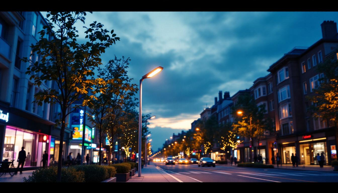 A photograph of a modern led street light illuminating a vibrant urban street at dusk