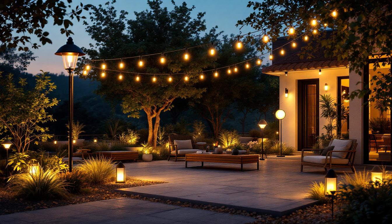 A photograph of a beautifully lit outdoor space featuring a variety of stylish light fixtures