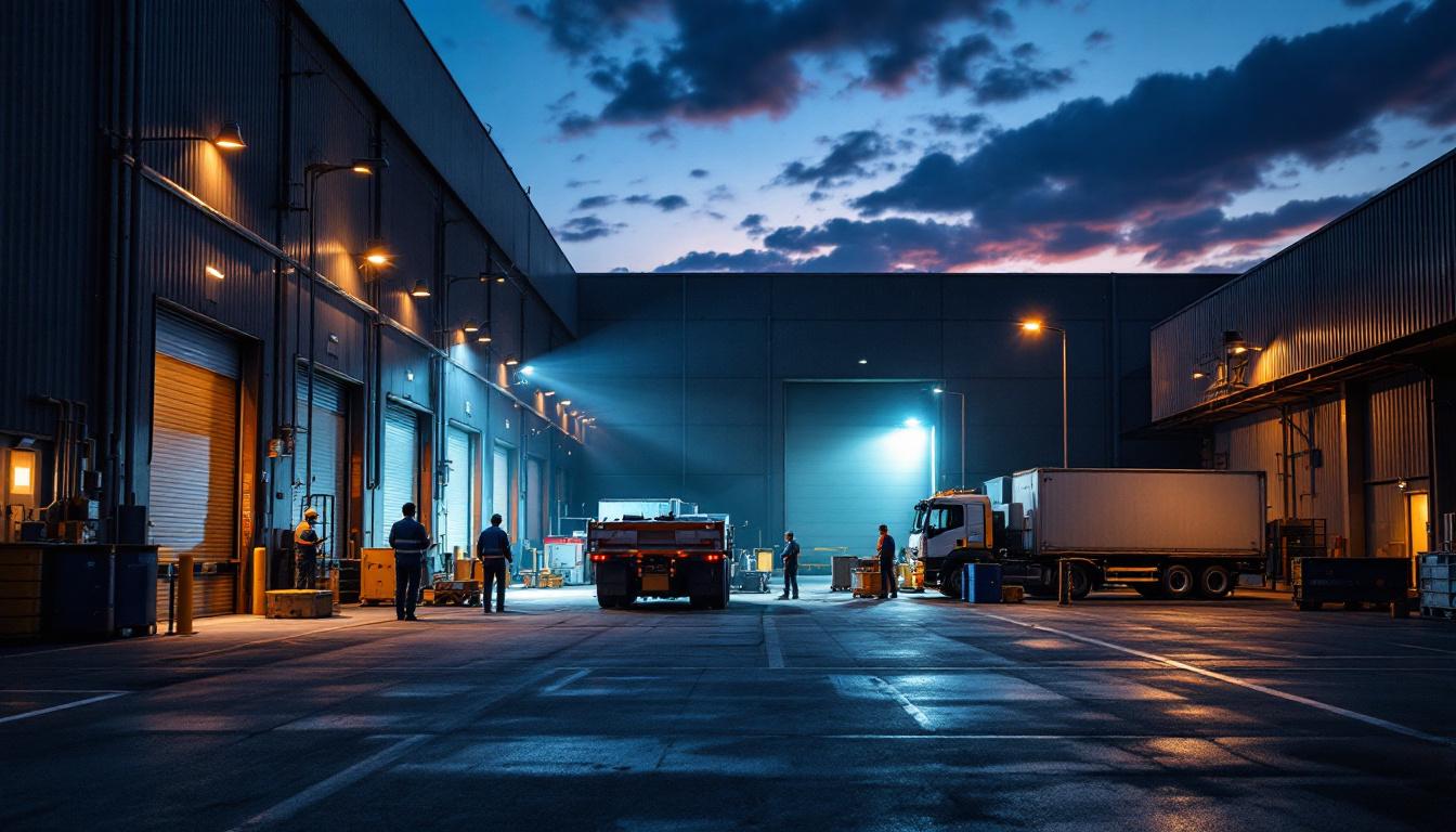 A photograph of a well-lit loading dock scene at dusk