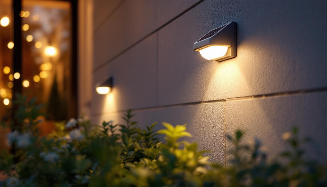 A photograph of a beautifully illuminated exterior wall featuring solar-powered lights in a cozy outdoor setting